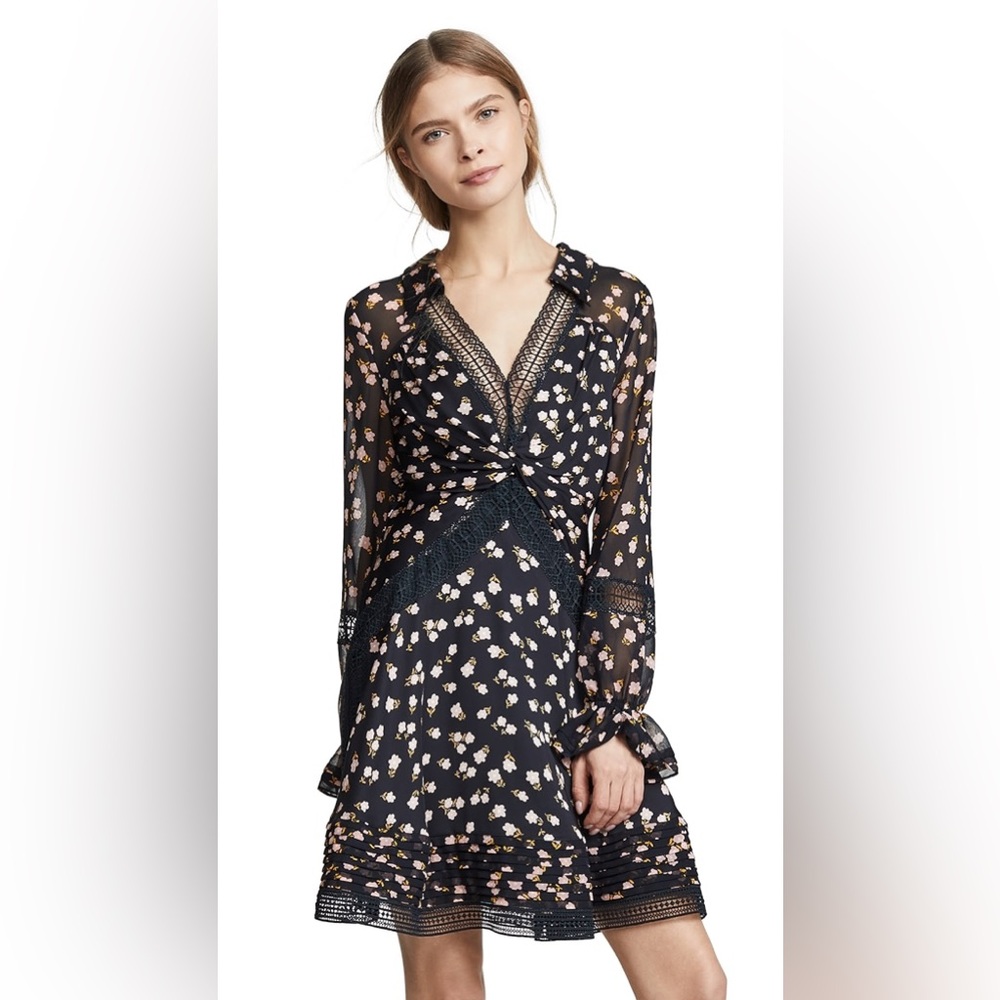 SELF PORTRAIT Twist Front Ditsy Dress Black Floral Long Sleeve Size 2 Small NWOT